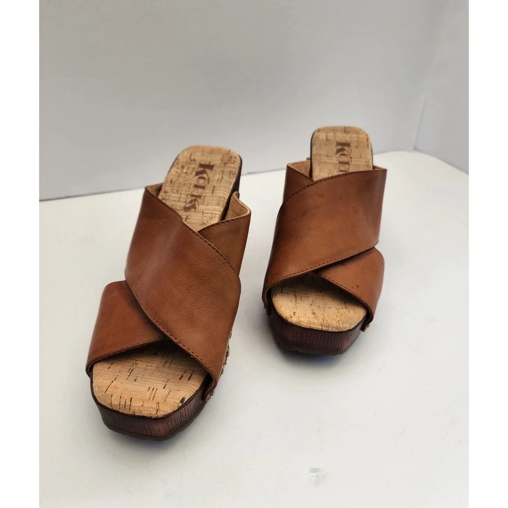Korks Tan Crossover Studded Platform Clog Sandals Wood Block Heel Retro Boho Sz6